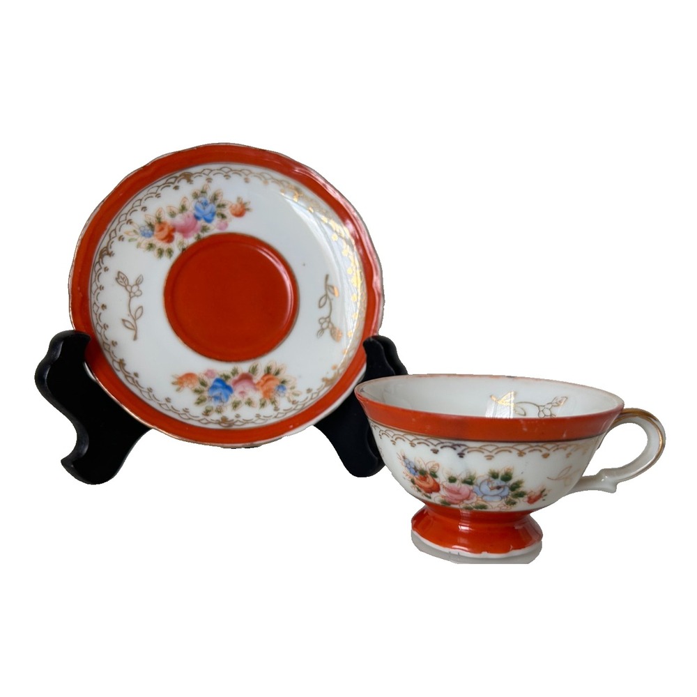 Vintage Berkshire Occupied Japan Fine China Tea Cup Saucer Set Red Floral Gold